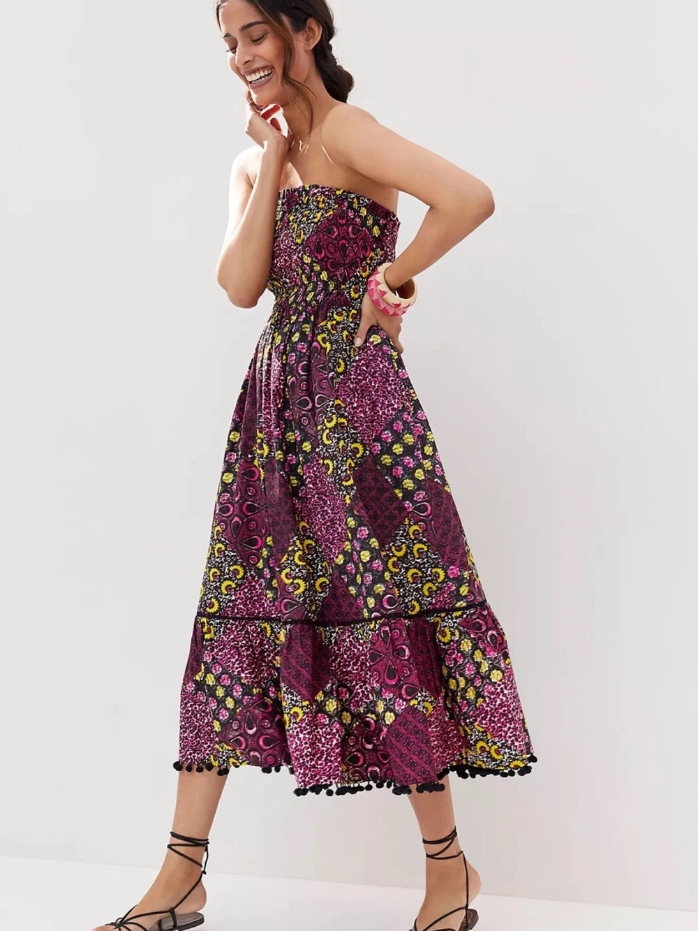 Anthropologie Strapless Plum and Yellow Smocked Midi Dress